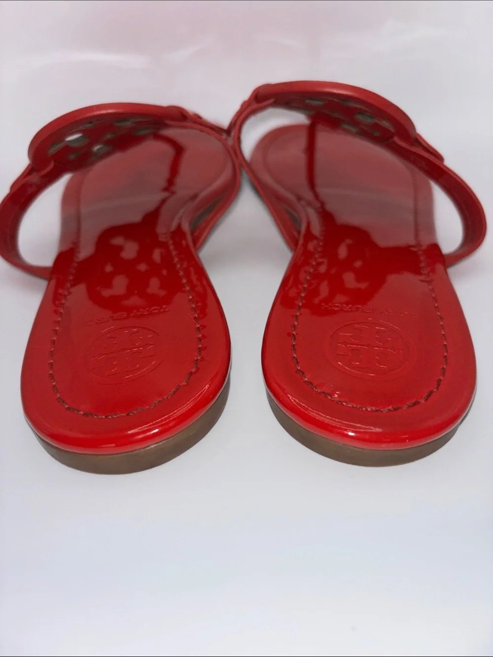 Tory Burch Miller Red Patent Sandals with Rainbow Logo Medallions